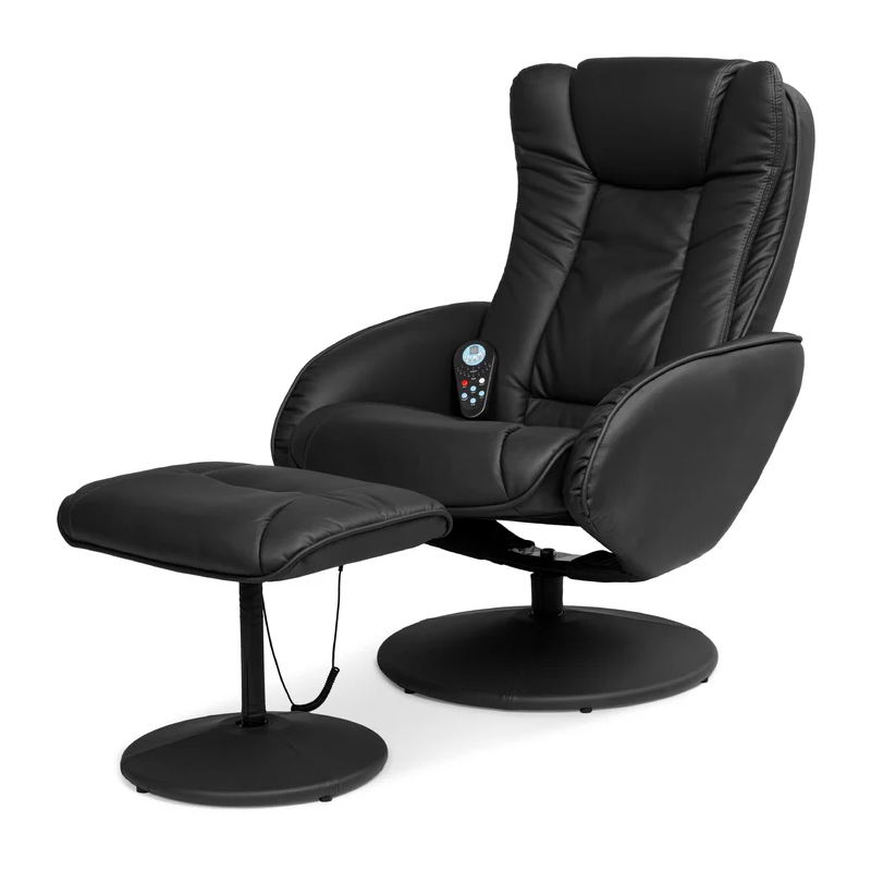 A black leather recliner chair with a matching footrest, featuring a remote control for massage functions.