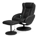 A black leather recliner chair with a matching footrest, featuring a remote control for massage functions.
