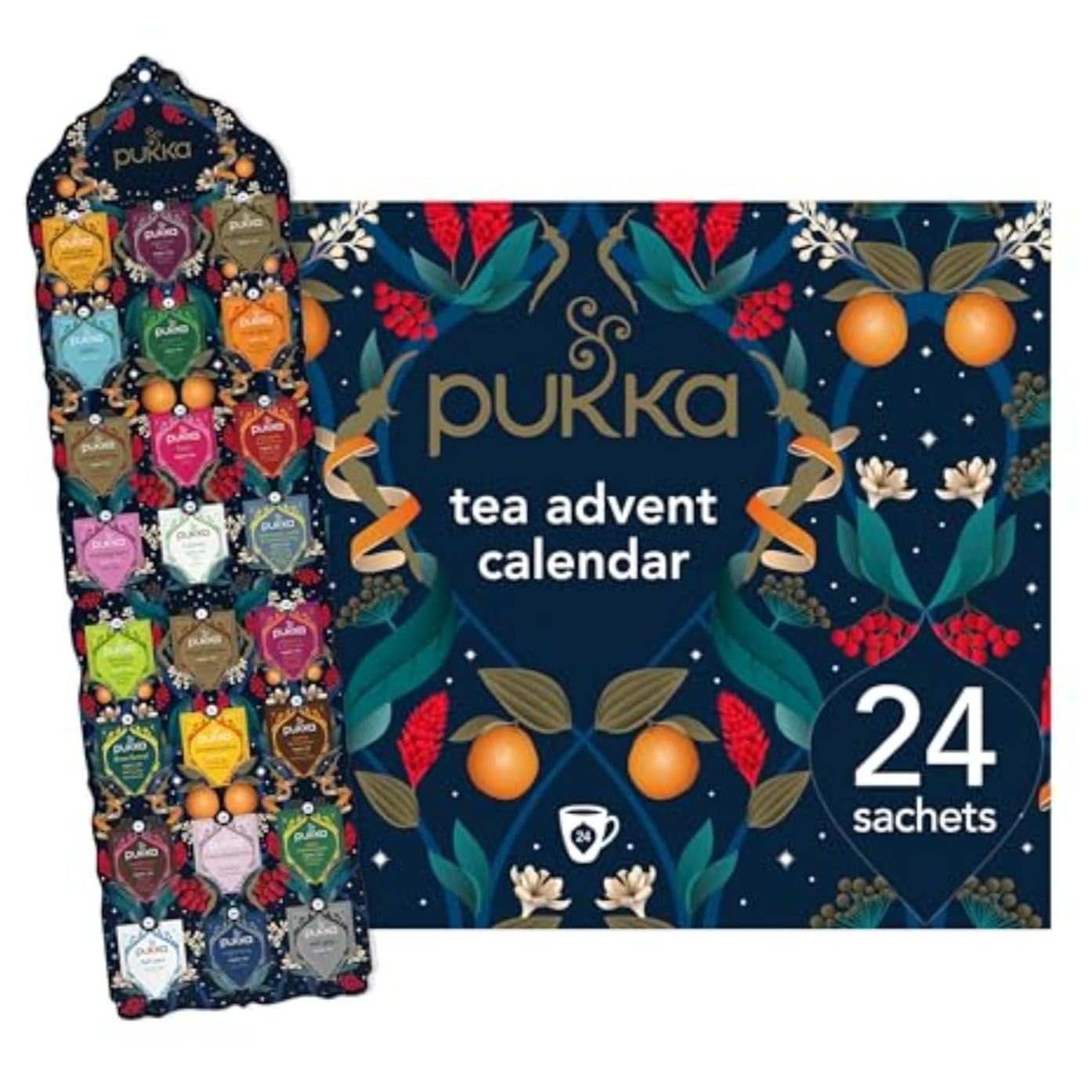 A Pukka tea advent calendar with 24 different sachets, each with its own festive design and flavor, arranged in a decorative box.