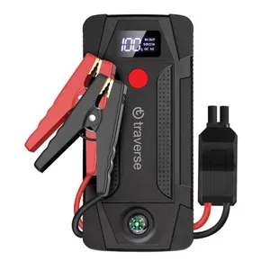 A 1,000-amp portable jump starter kit with clamps, featuring an LED display, a compass, and USB output for charging.