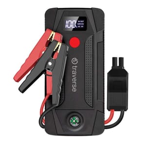 A 1,000-amp portable jump starter kit with clamps, featuring an LED display, a compass, and USB output for charging.