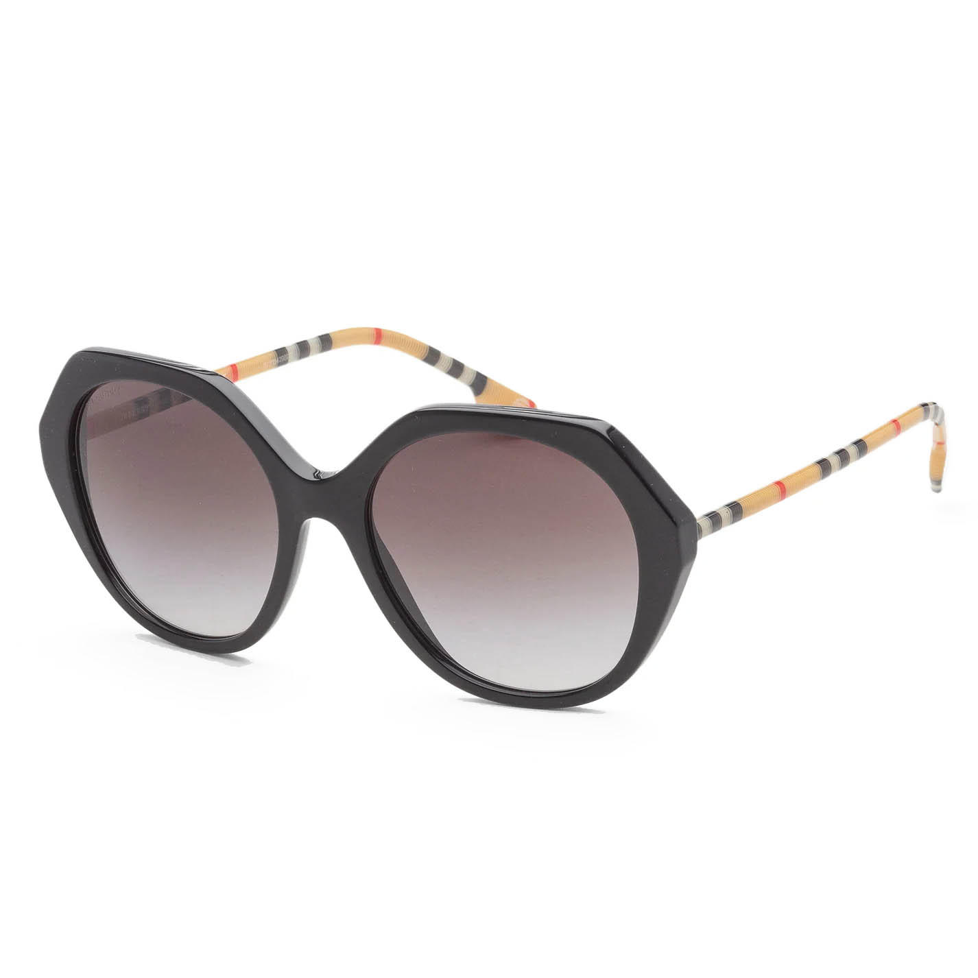 Women's sunglasses with a black frame featuring large, round lenses and gradient tint. The arms have a distinctive striped pattern in beige and black.