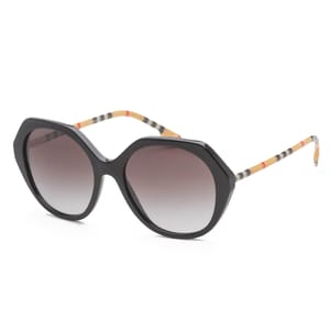 Women's sunglasses with a black frame featuring large, round lenses and gradient tint. The arms have a distinctive striped pattern in beige and black.