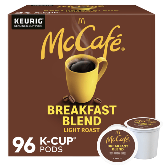 McCafé Breakfast Blend, Light Roast, 96 K-Cup Pods for Keurig brewers, featuring 100% Arabica coffee.