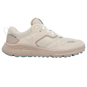Light beige athletic shoe with a textured sole, perforated detailing, and white laces, featuring blue accents on the sole and stitching. Brand name is visible on the side.