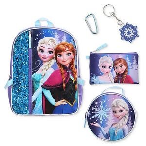 A children's backpack set featuring two animated characters, including a backpack, round bag, small pouch, carabiner, and snowflake keychain. The design is predominantly blue and purple with winter-themed elements.
