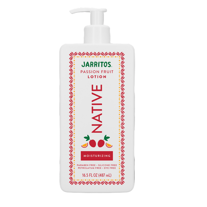 Jarritos Passion Fruit Lotion by Native, 16.5 fl oz (487 mL), moisturizing, free of parabens, silicones, petrolatum, and dyes.