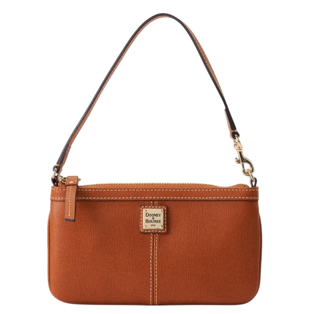 Brown leather zippered shoulder bag with a Dooney & Bourke logo on the front, featuring a detachable strap and gold-tone hardware.