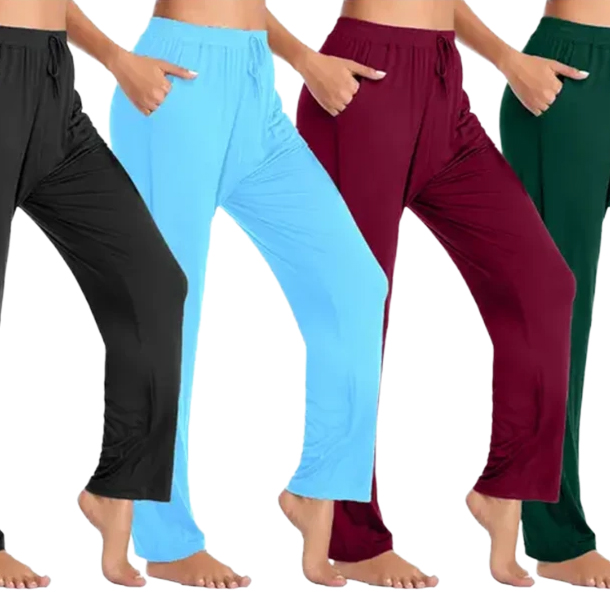 Four pairs of loose-fitting pants in black, light blue, burgundy, and dark green are displayed, each with an elastic waistband and drawstring.