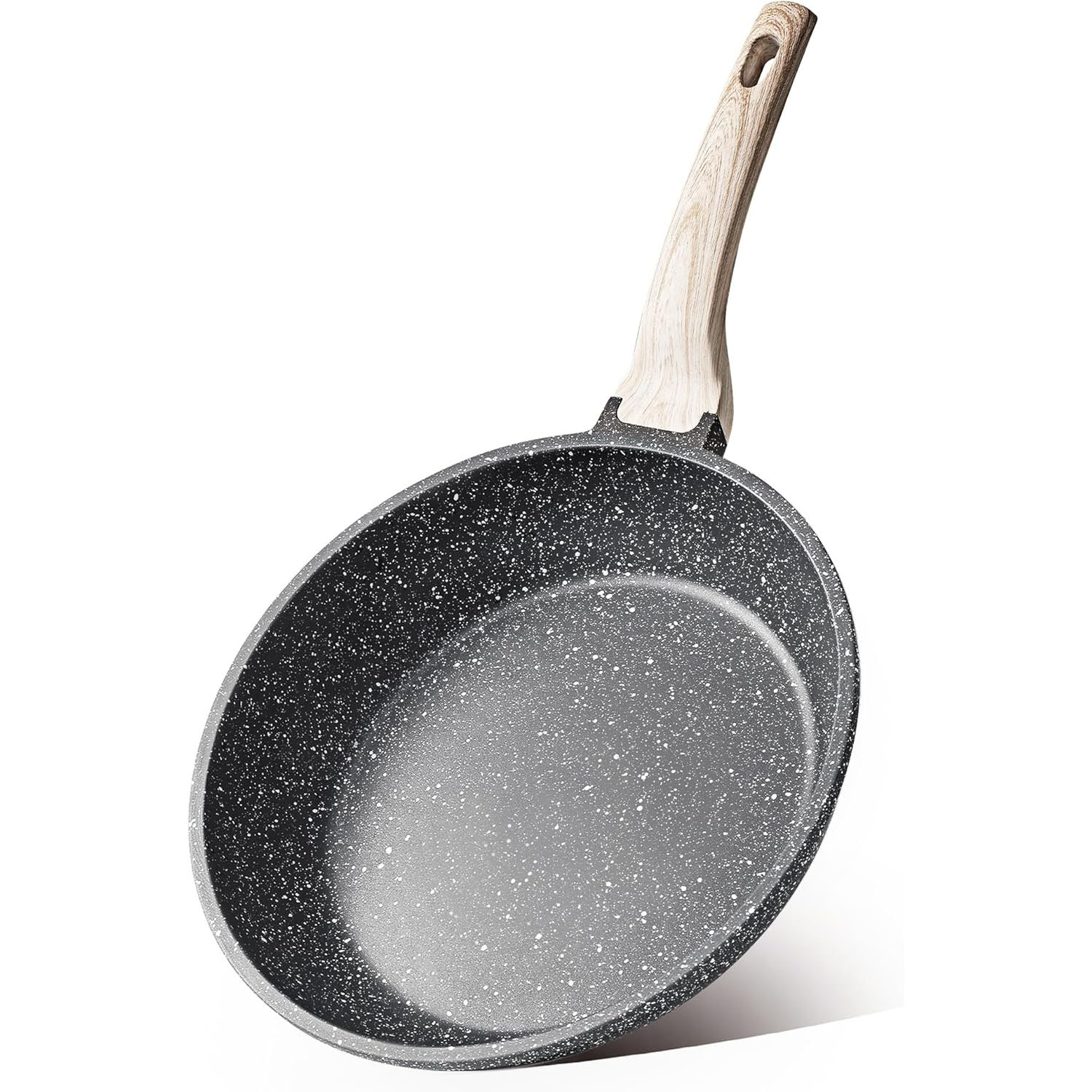 A non-stick frying pan with a speckled interior and a wooden handle.