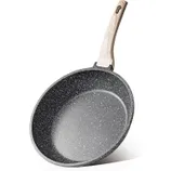 A non-stick frying pan with a speckled interior and a wooden handle.