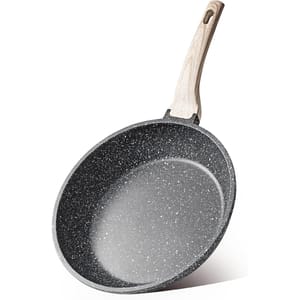A non-stick frying pan with a speckled interior and a wooden handle.
