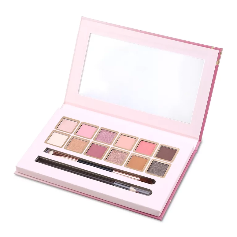 Eyeshadow palette with various shades and two brushes.