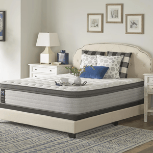 A bedroom setting with a bed featuring a plush mattress, upholstered headboard, and a nightstand with a lamp.