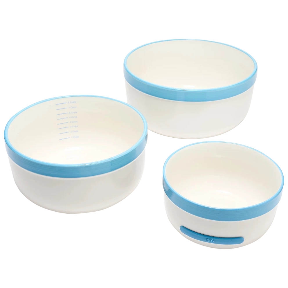 Set of three round mixing bowls in white with light blue trim, featuring measurement markings inside one bowl.