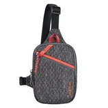 A gray and black crossbody sling bag with red accents, featuring a textured diamond pattern and a zippered front pocket.