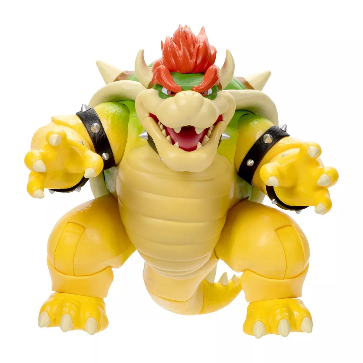 Bowser action figure with articulated limbs, featuring spiked shell and fiery red hair.