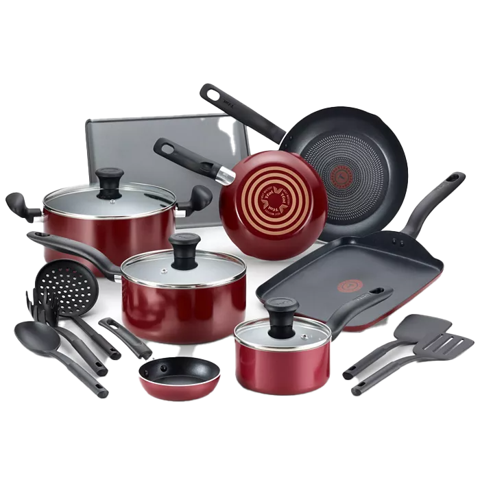 16-piece T-Fal Nonstick Cookware Set includes saucepans with lids, fry pans, a griddle, a stockpot with lid, baking sheet, and various utensils, all featuring a red nonstick coating for easy cooking and cleaning.