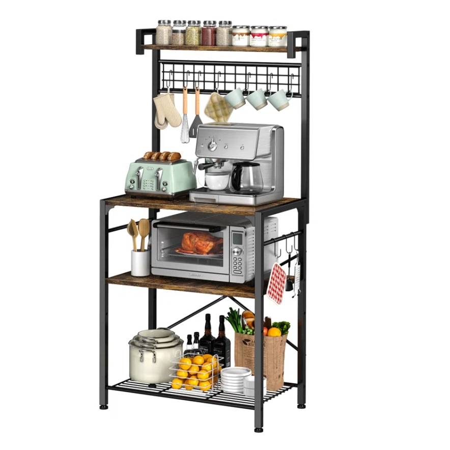 A multi-tier kitchen rack with a coffee machine, toaster, and microwave. It includes shelves with jars, cups, a wine rack, and hooks for utensils. The bottom shelf holds a jar, lemons, dishes, and a basket with bottles and vegetables.