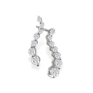 A pair of silver curved earrings featuring a series of round, sparkling stones set in a vertical alignment.