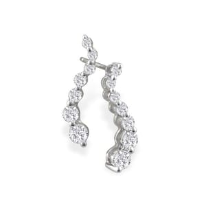 A pair of silver curved earrings featuring a series of round, sparkling stones set in a vertical alignment.