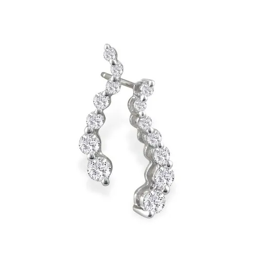 A pair of silver curved earrings featuring a series of round, sparkling stones set in a vertical alignment.