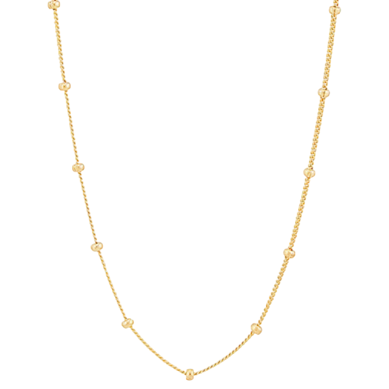 A delicate gold necklace featuring evenly spaced small bead accents along a thin chain.