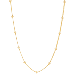 A delicate gold necklace featuring evenly spaced small bead accents along a thin chain.