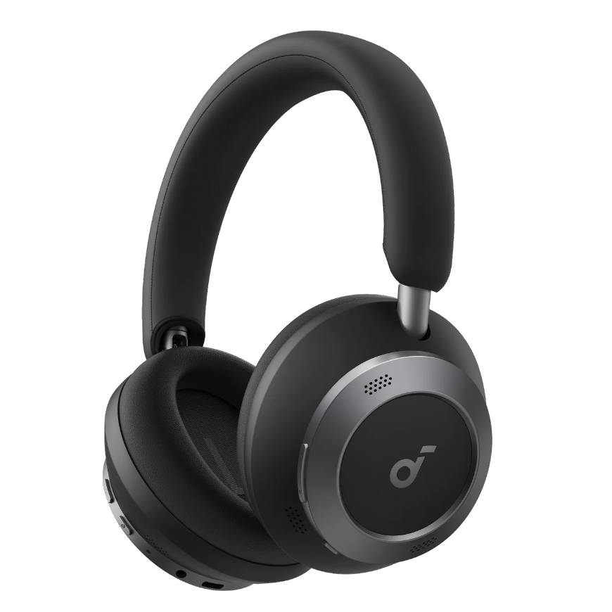 Black over-ear headphones with a sleek design featuring a logo on the earcups and cushioned headband.