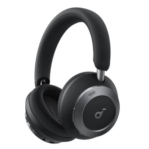 Black over-ear headphones with a sleek design featuring a logo on the earcups and cushioned headband.
