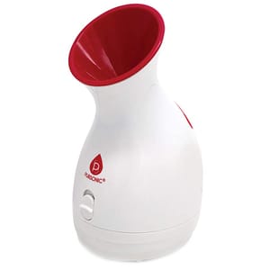The facial steamer is white with a red interior funnel and a small control switch at the base. It features the Pursonic logo on the front.