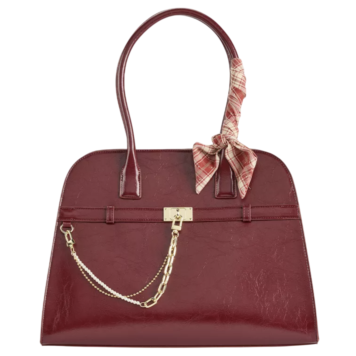 A burgundy handbag with dual handles, featuring a gold chain and lock embellishment. A plaid ribbon is tied on one handle for decoration.
