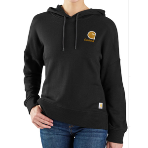 A black Carhartt hoodie with a drawstring hood features the Carhartt logo on the chest and a small logo tag on the bottom. It has ribbed cuffs and hem, paired with blue jeans.
