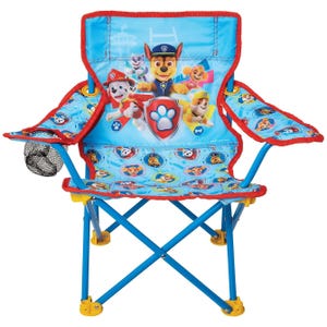 A blue and red Paw Patrol-themed children's camping chair featuring characters on the fabric, with a mesh cup holder on one armrest. The chair has a foldable design with blue frame and yellow foot caps.
