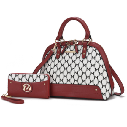 A stylish handbag and matching wallet set with a white and red color scheme featuring a repeating \“M\“ pattern, gold-tone accents, and a detachable strap.