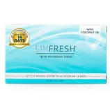 LIVFRESH Teeth Whitening Strips with coconut oil promise up to 8 shades whiter in 14 days, featuring advanced no-slip technology. Net weight: 1.4 oz (40g).