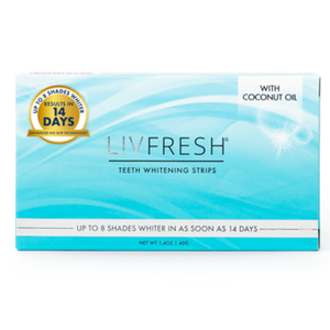 LIVFRESH Teeth Whitening Strips with coconut oil promise up to 8 shades whiter in 14 days, featuring advanced no-slip technology. Net weight: 1.4 oz (40g).