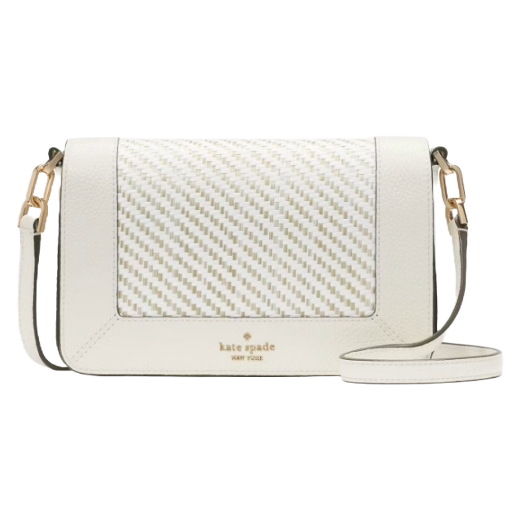 A Kate Spade crossbody bag featuring a white leather and straw design with diagonal patterns, accented with gold hardware and a slim adjustable strap. The Kate Spade New York logo is embossed in gold at the bottom center.