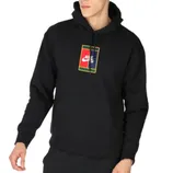 A person is wearing a black Nike SB hoodie featuring a multicolored rectangular logo on the front.