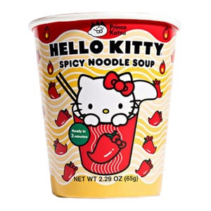 Hello Kitty Spicy Noodle Soup, 2.29 oz (65g), features Hello Kitty on a red and yellow cup with a spicy theme, ready in 3 minutes.