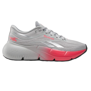 A Reebok running shoe in gray with pink accents, featuring a cushioned sole and mesh upper for breathability.