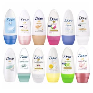 A 10-pack of Dove women's antiperspirants featuring various scents and formulas, including Talco, Soft Feel, Silk Dry, Go Fresh Pomegranate, Original, Sensitive, Pure, Natural Touch, Invisible Dry, and Go Fresh Cucumber. Each offers 48-hour protection.