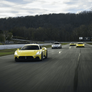 A group of sleek sports cars, predominantly yellow, is driving on a race track with barren trees and a cloudy sky in the background.