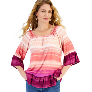 Striped, ombre-style blouse with a pink and purple color gradient, featuring three-quarter bell sleeves and a ruffled hem. Paired with blue jeans.