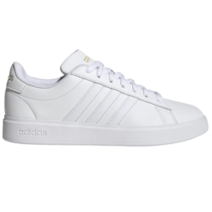 A white Adidas sneaker featuring the classic three stripes and the Adidas logo in gold on the heel and tongue.
