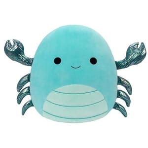 A teal plush toy resembling a smiling crab with shiny, patterned claws and legs.