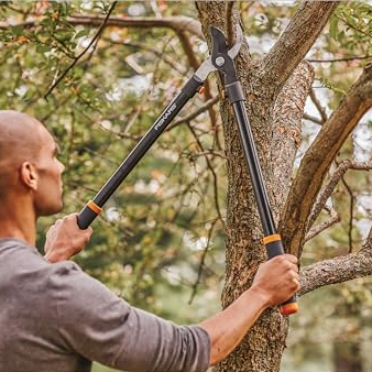 Man trimming a tree branch with Fiskars loppers featuring steel construction for durability.