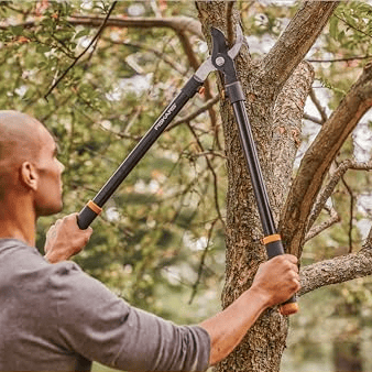 Man trimming a tree branch with Fiskars loppers featuring steel construction for durability.