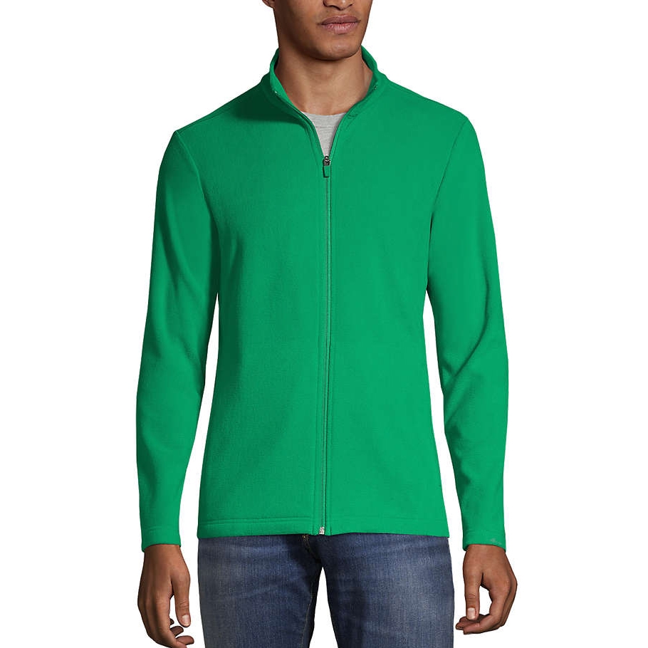 Green Lands' End Thermacheck 100 fleece jacket with a full zip closure, featuring a high collar and long sleeves, worn by a person paired with blue jeans.