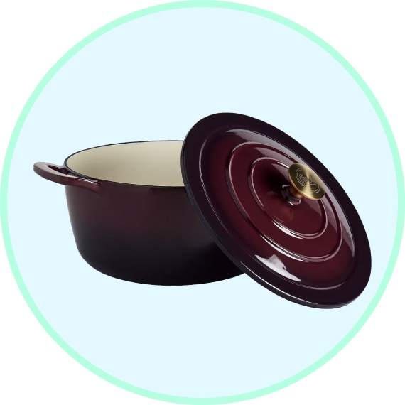 A burgundy enameled cast iron Dutch oven with a cream interior and lid.